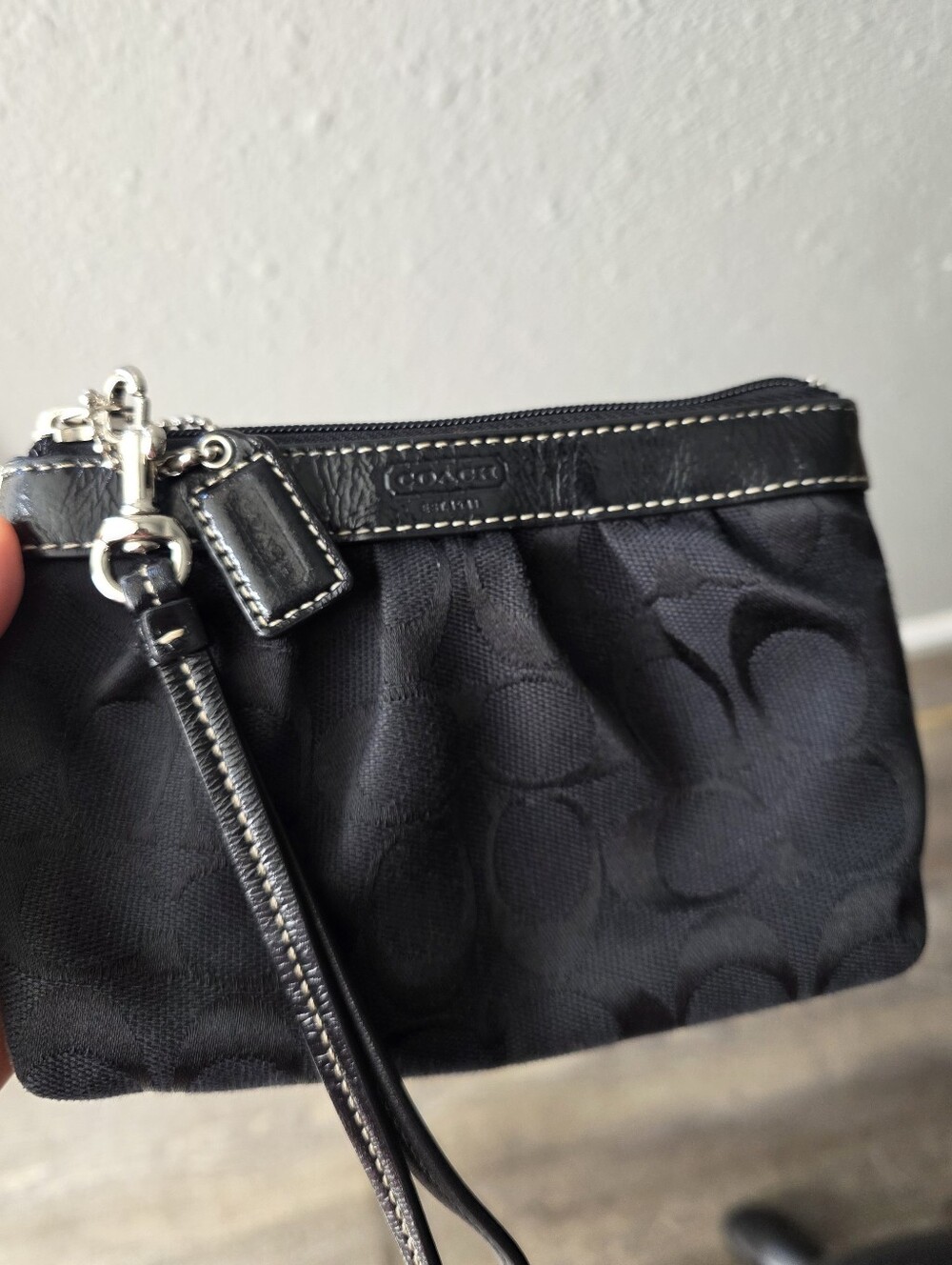 Coach Black Signature Wristlet Clutch with Leather Trim
